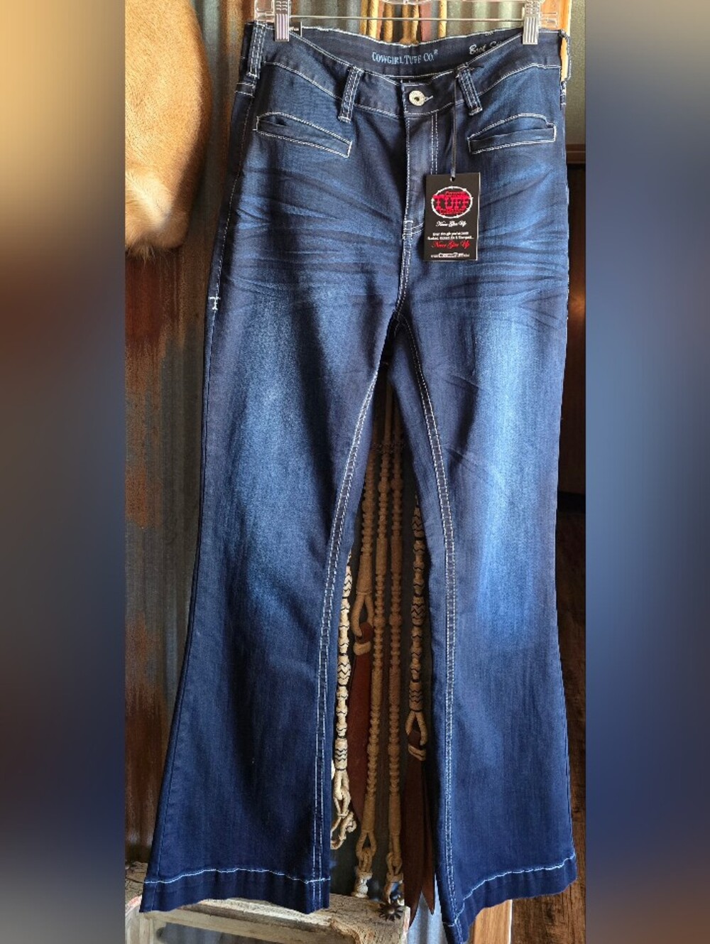 NWT 31R Cowgirl Tuff Bootstitch Dark Indigo Wash High Rise Wide Leg Trouser Jean